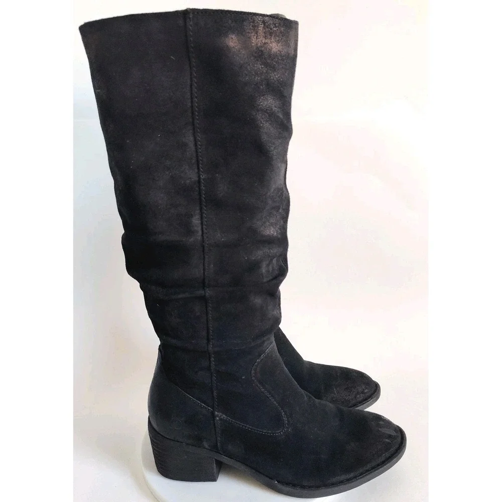 Born Boots Size 7 Knee High Tall Riding Suede Black Slouchy Distressed Lined